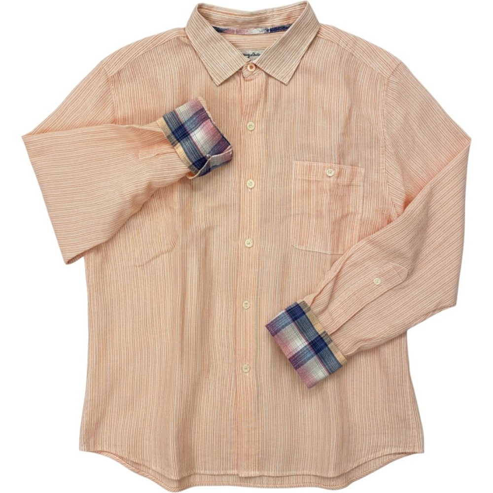 Tommy Bahama Button Down Shirt Mens Large Orange Stripe Linen Blend Long Sleeve